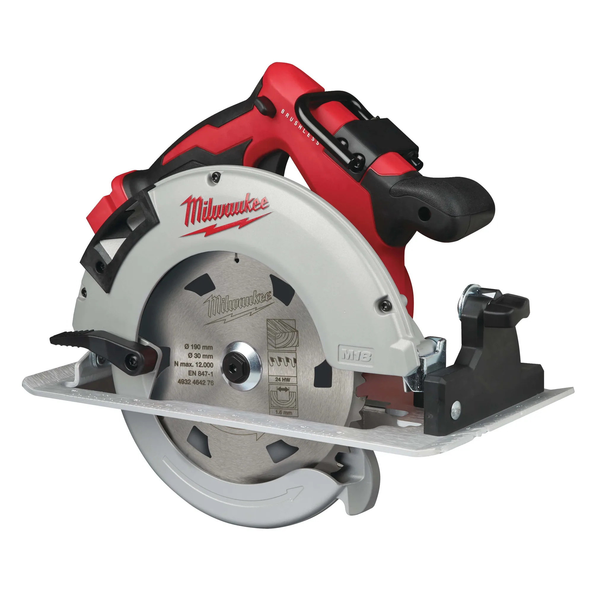 Milwaukee M18 BLCS66 Akku-Handkreissäge in Rot mit Sägeblatt, Seitenansicht
