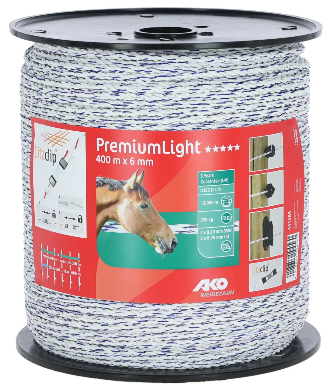 AKO PremiumLight Weidezaunlitze 6 mm auf der Rolle, weiß-blau, 400 m