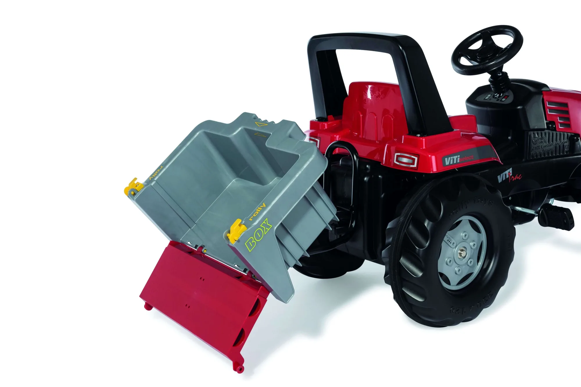 rollyBox 408948 am Trettraktor mit gekippter Box, Detailansicht