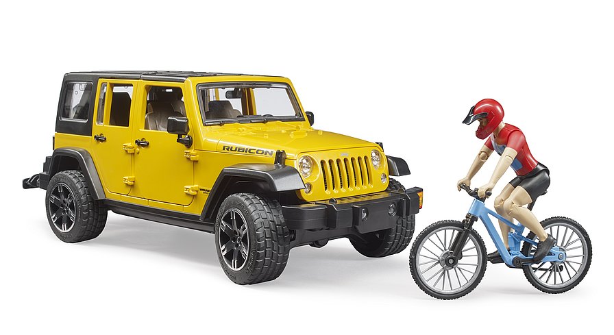 Gelber Bruder Jeep Wrangler (02543) im Set mit Mountainbike und Radfahrer-Figur
