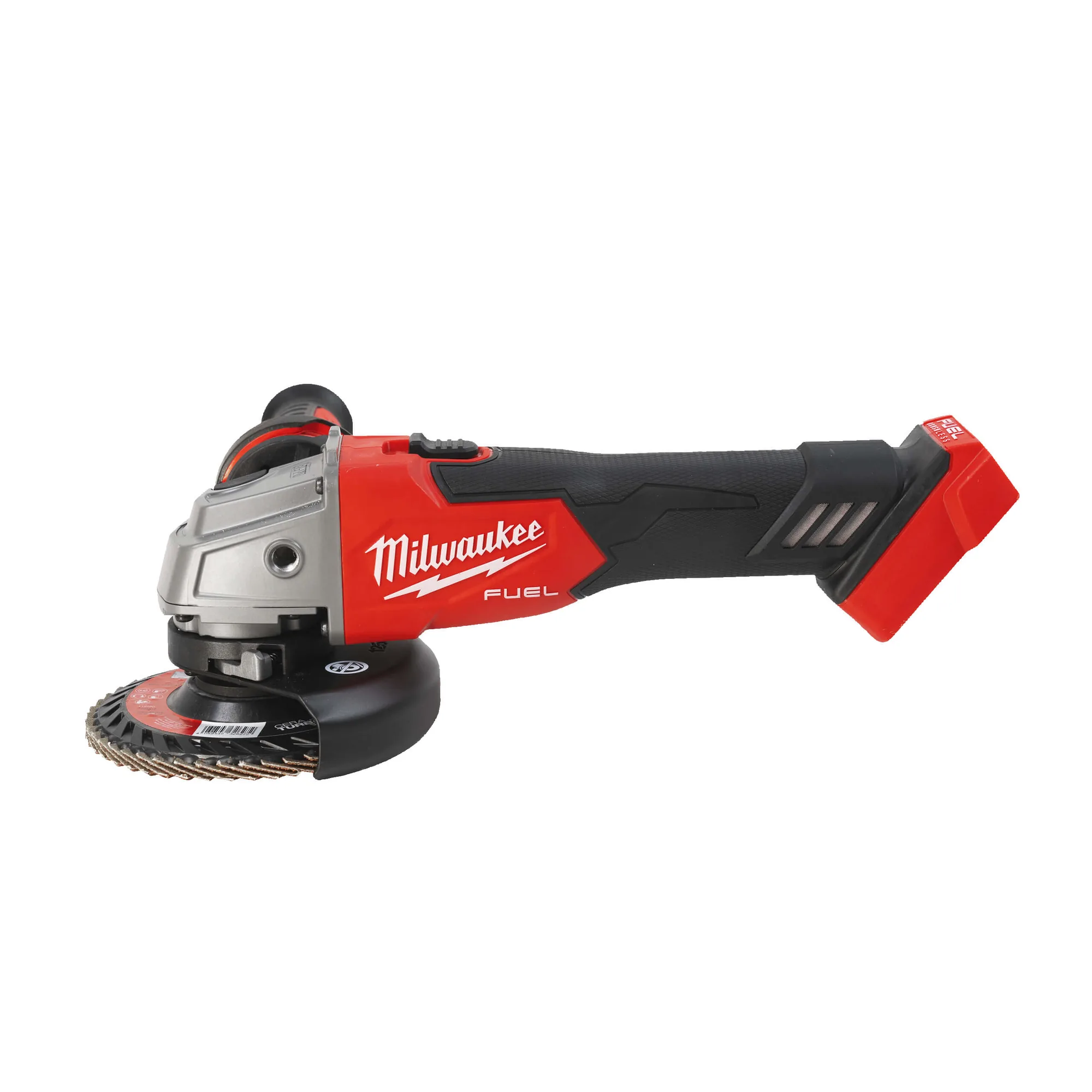 Milwaukee M18 FUEL FSAG125X Akku-Winkelschleifer in Rot-Schwarz, Seitenansicht
