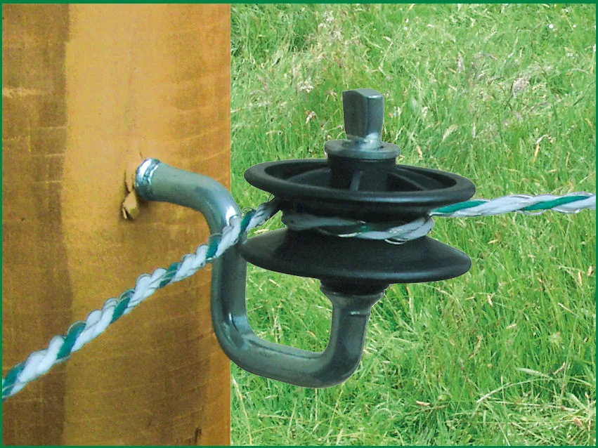 Eckrollen-Isolator mit Seil am Holzpfosten auf der Weide, Nahaufnahme