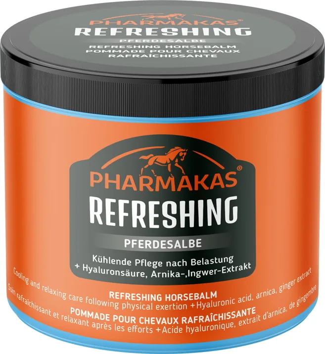 Pharmakas Refreshing Pferdesalbe in der orangefarbenen Dose, kühlendes Gel
