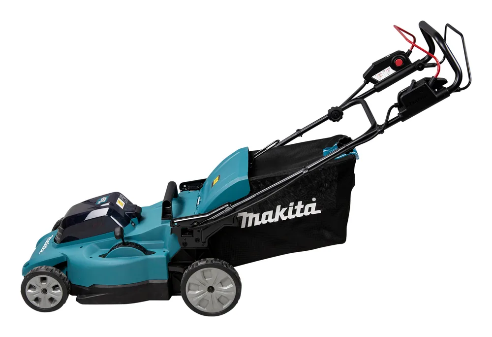 Makita DLM481Z Akku-Rasenmäher mit Fangkorb, Seitenansicht