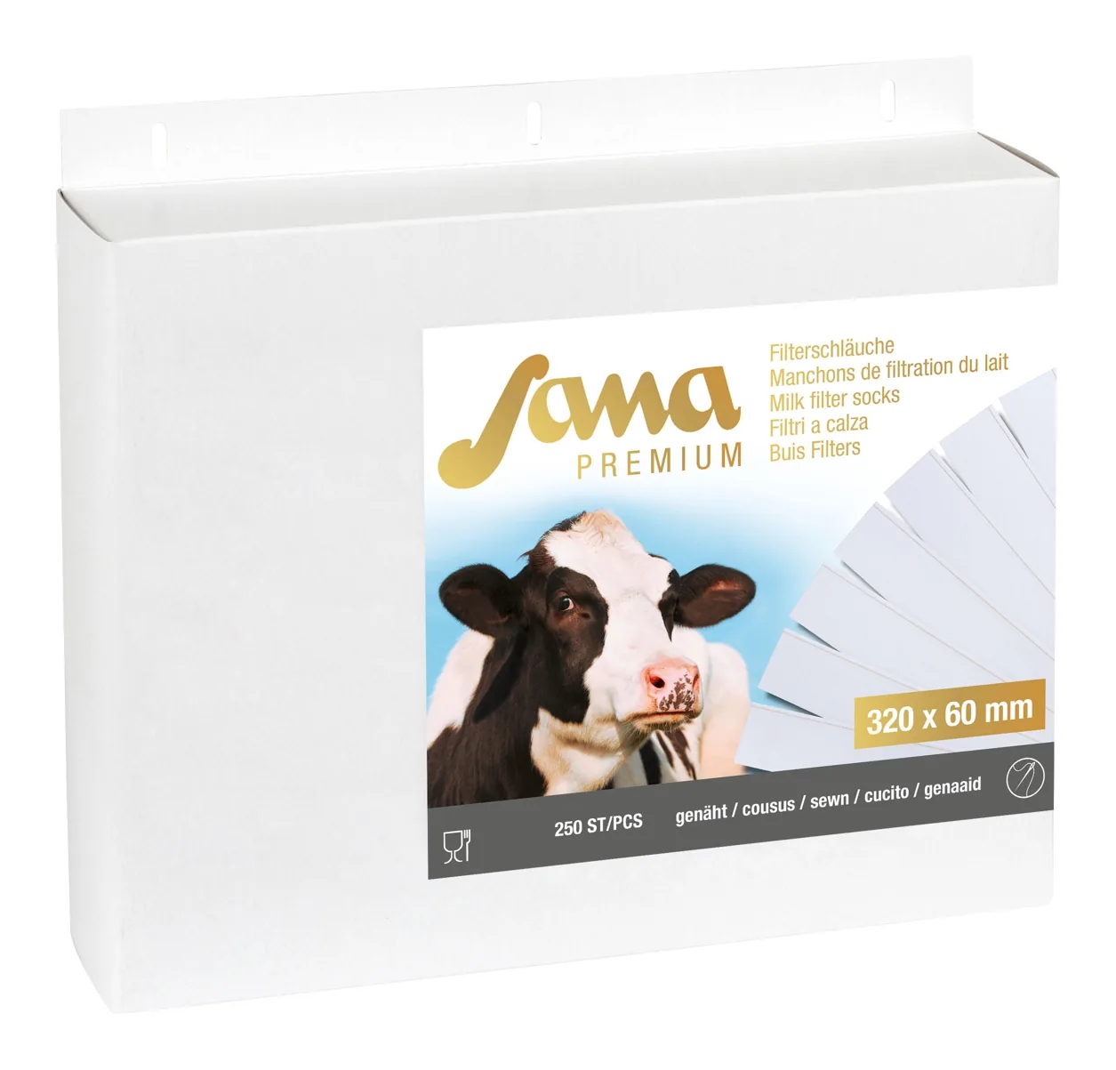 Produktkarton Sana Premium Milchfilter 320 x 60 mm, freigestellt