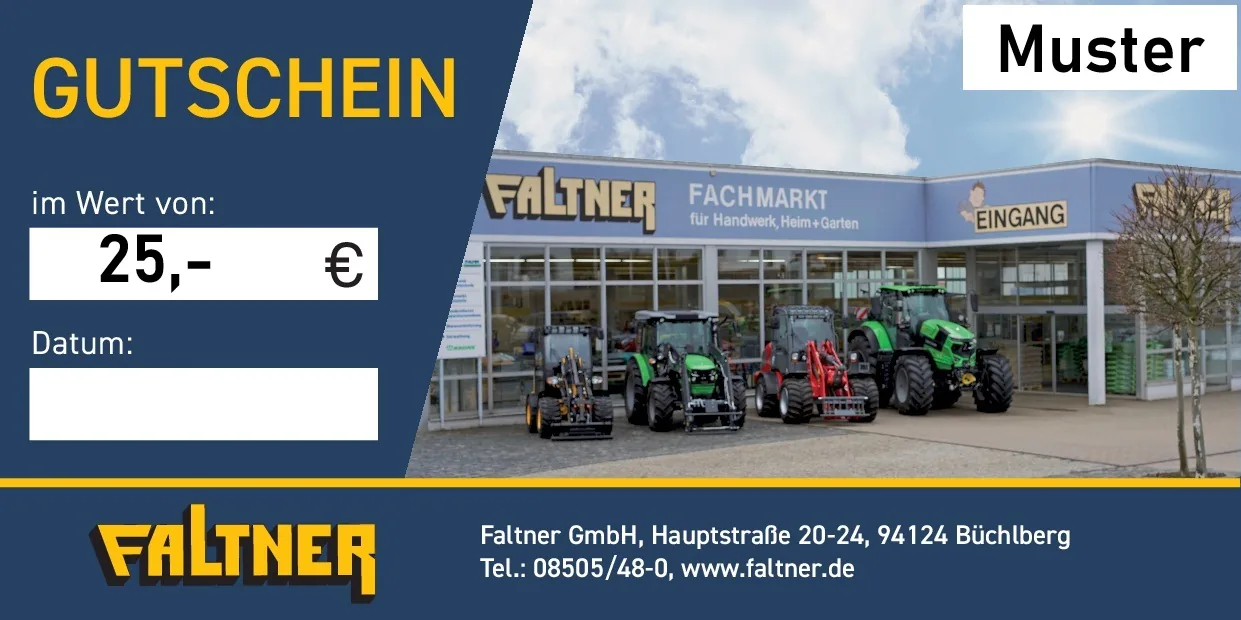 Faltner Geschenkgutschein im Wert von 25 Euro mit Abbildung des Fachmarkts