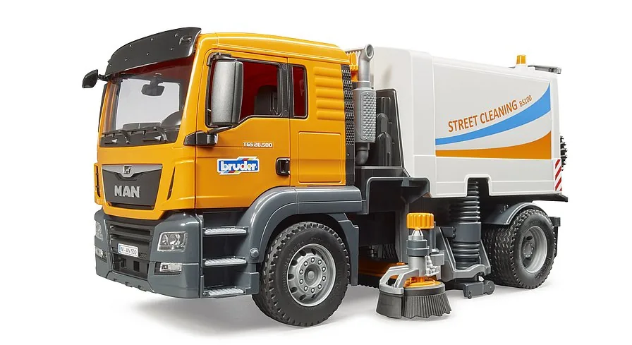 Bruder 03780 MAN TGS Straßenreinigungs-LKW in Orange-Weiß mit Kehrbürste, Spielzeug 1:16