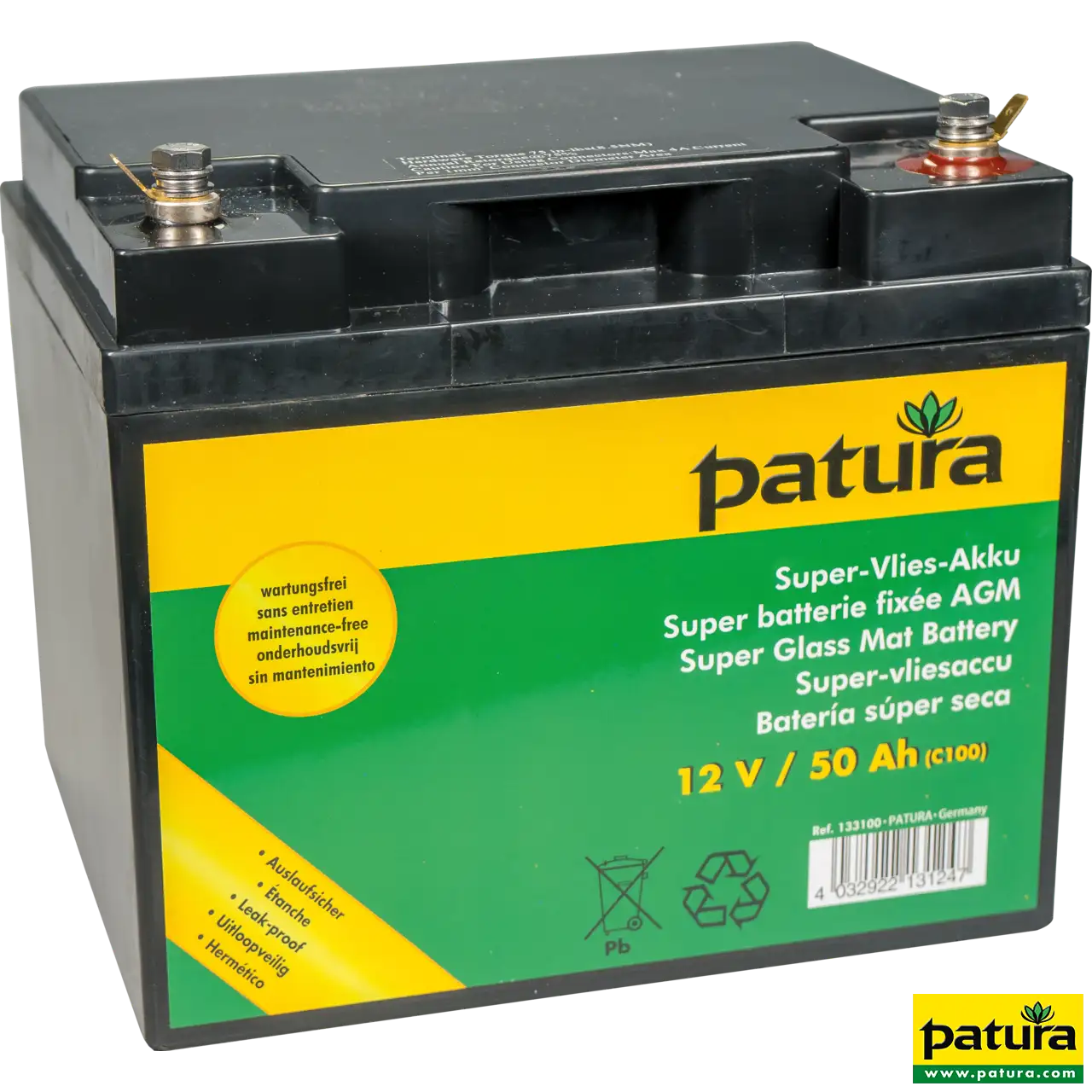 Patura Super-Vlies-Akku 12 V mit 50 Ah, wartungsfreie AGM-Batterie in Schwarz