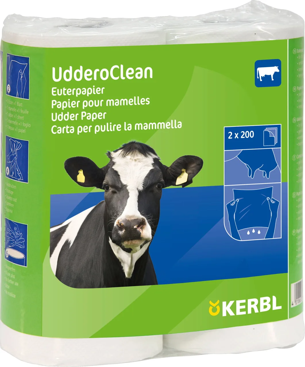 Verpackung des Kerbl UdderoClean Euterpapiers mit Produktabbildung