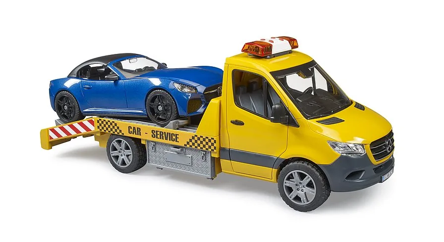 Bruder Mercedes-Benz Sprinter Autotransporter in Gelb mit blauem Roadster, Spielzeug 1:16