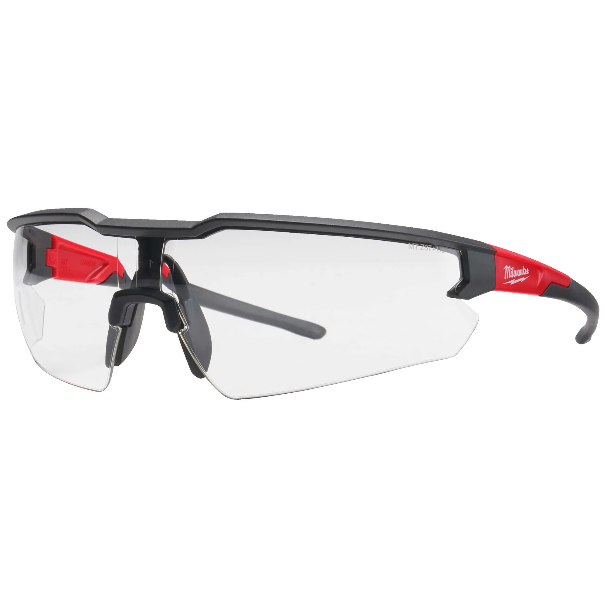 Milwaukee Schutzbrille mit klaren Gläsern und rot-schwarzem Rahmen