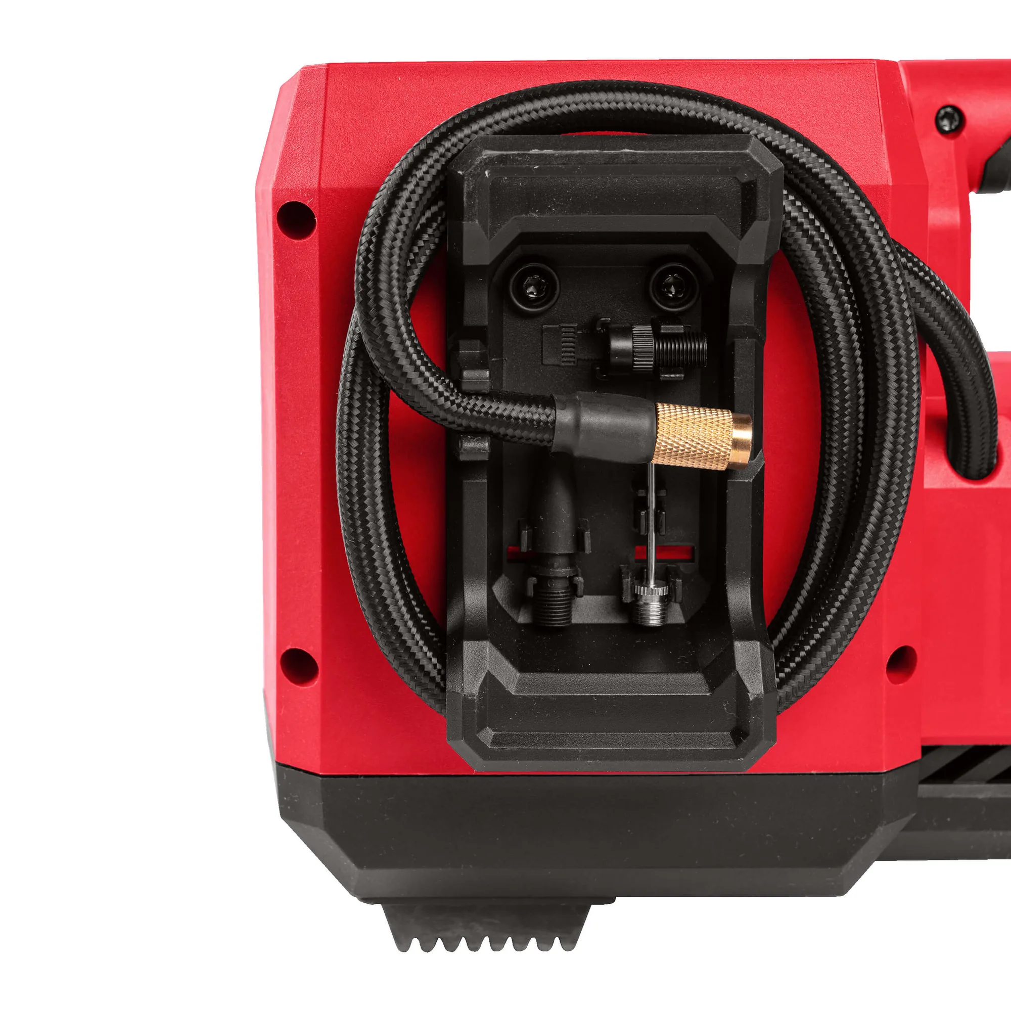 Milwaukee M18 BI-0 Akku-Kompressor mit aufgewickeltem Schlauch, Rückseite