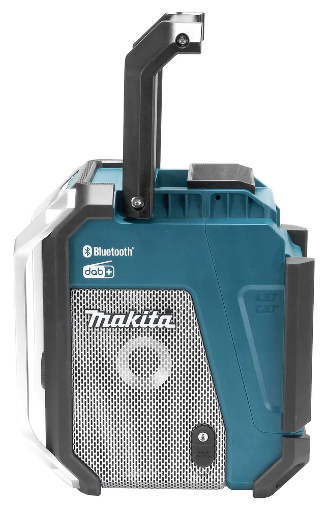 Makita DMR115 Akku-Baustellenradio in Türkis mit Bügelgriff, Seitenansicht