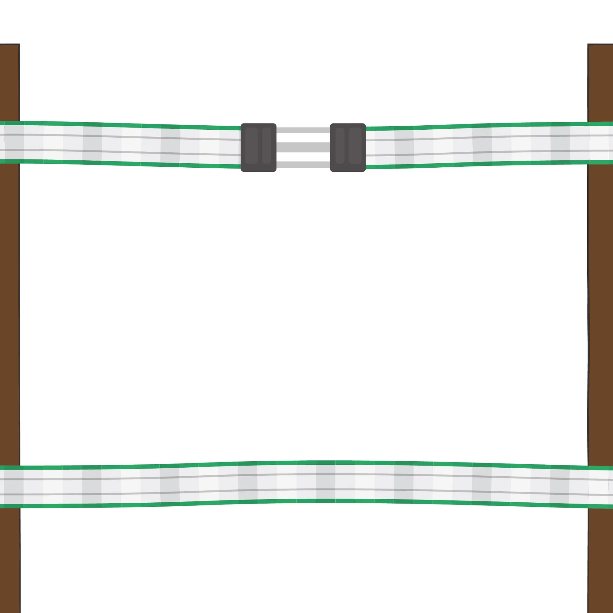 Schemazeichnung des mit AKO Litzclip 20 mm verbundenen Bandes zwischen zwei Pfosten