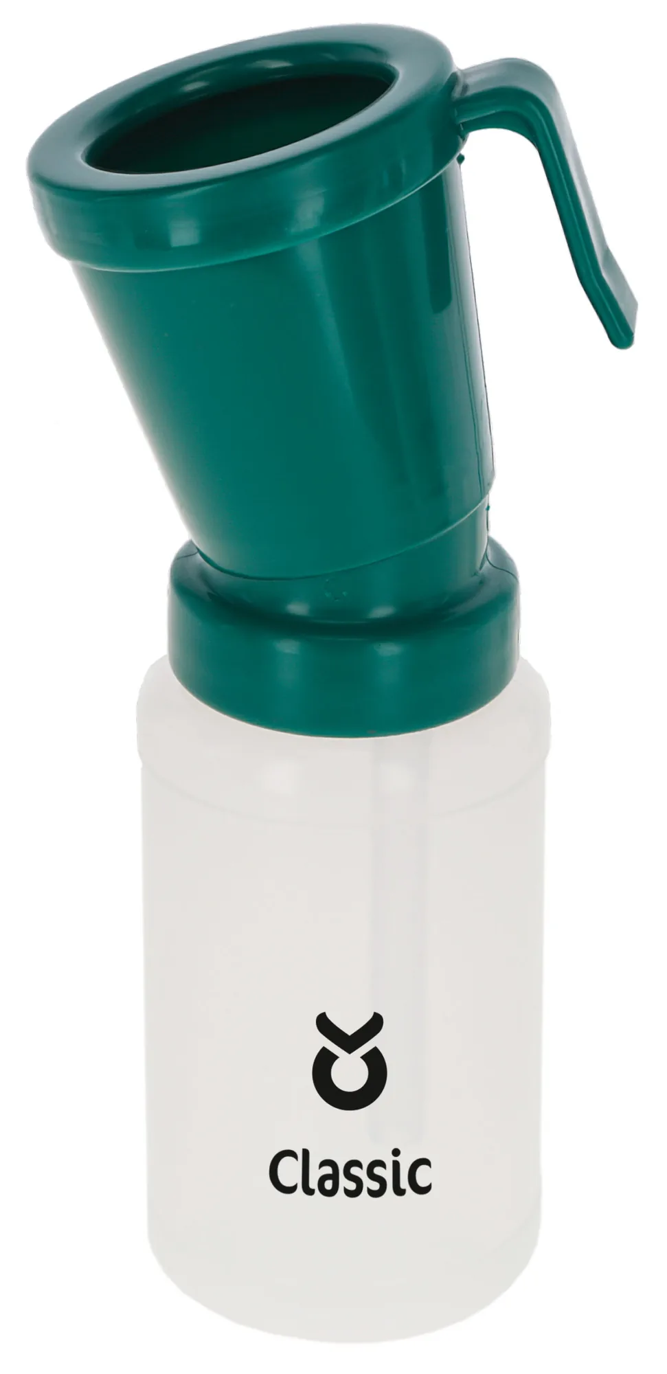 Kerbl Dippbecher Standard in Grün mit Spritzschutzrand auf weißer Vorratsflasche