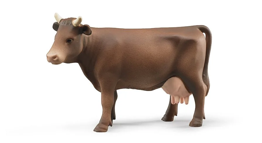 Bruder braune Kuh mit Hörnern und Euter, realistische Tierfigur im Maßstab 1:16