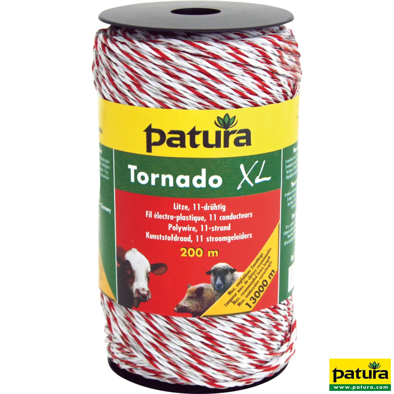 Patura Tornado XL Weidezaunlitze weiß-rot auf 200-m-Rolle mit 8 Edelstahl- und 3 Kupferleitern