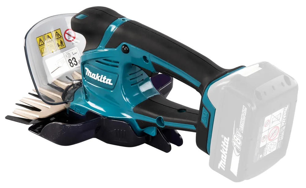 Makita DUM604ZX Gras- und Strauchschere mit Schutzhaube über dem Strauchmesser