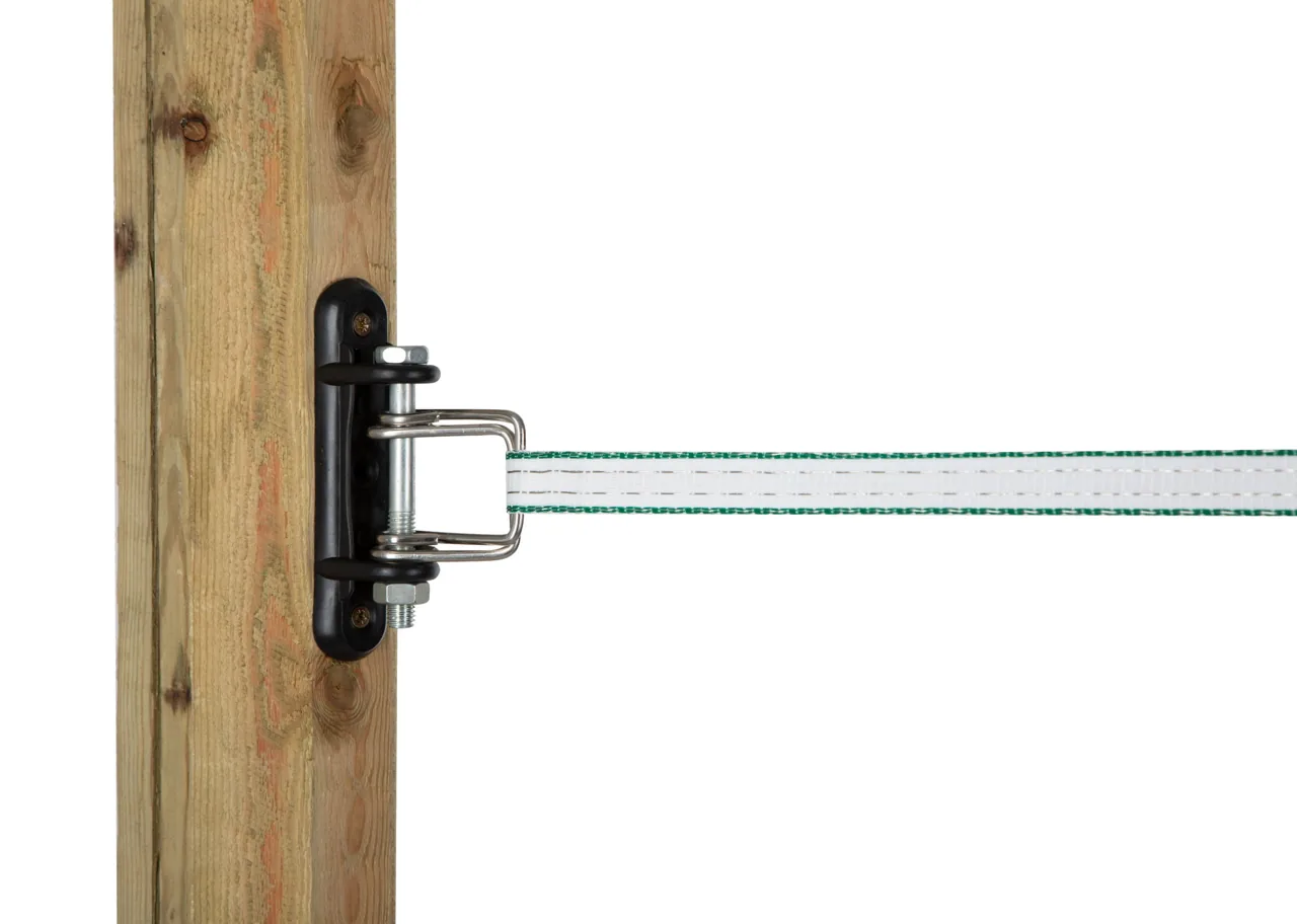 Schwarzer Eckisolator mit Metall-Zusatzbügel und weißem 40-mm-Band, freigestellt