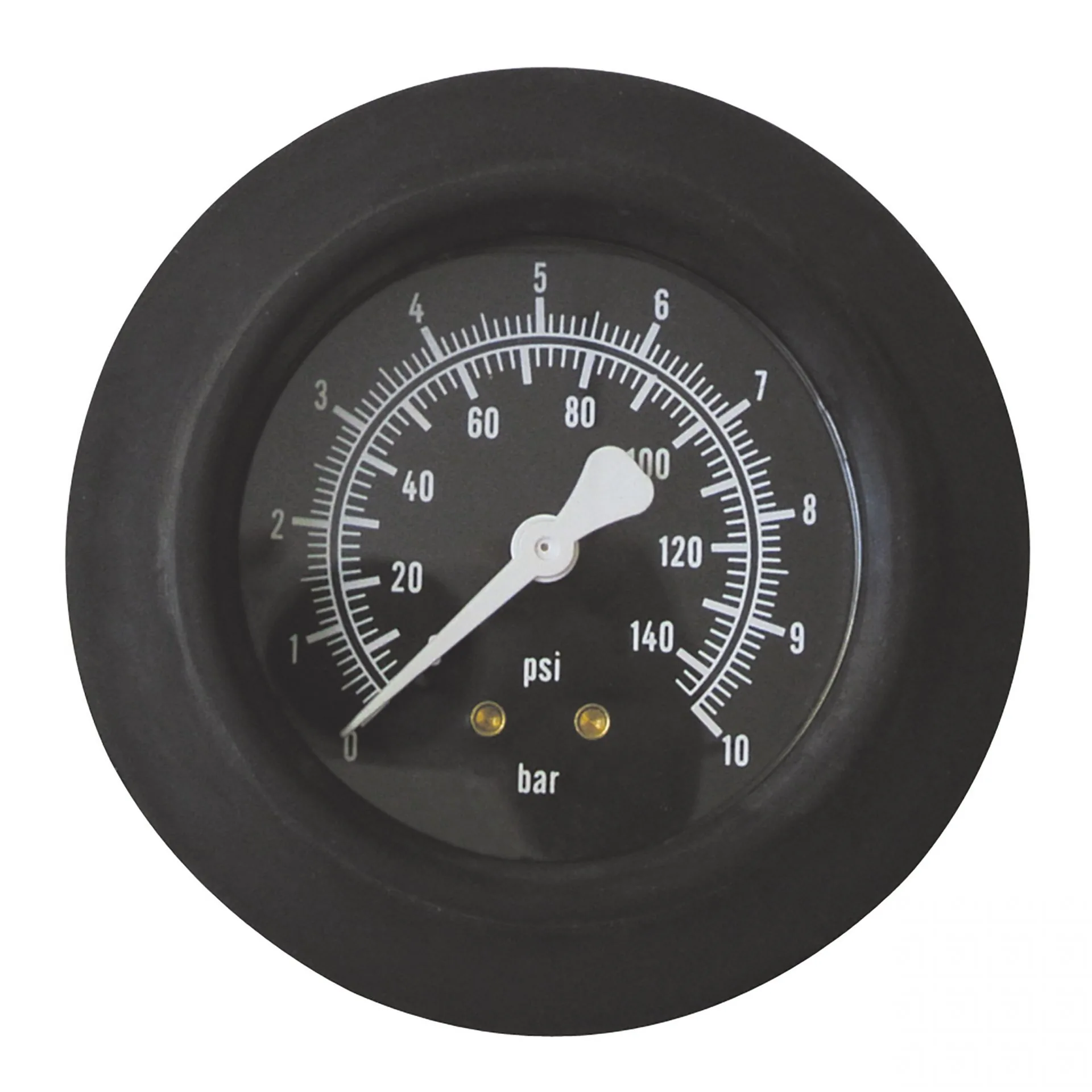 ewo Manometer Ø 63 mm mit schwarzer Gummi-Schutzkappe, Skala 0–10 bar / 140 psi