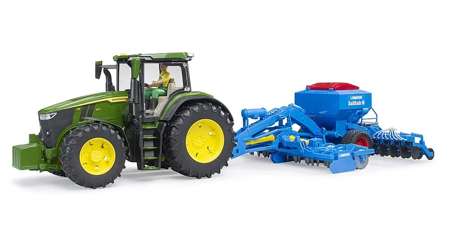 Bruder Lemken Solitair 9 im Spieleinsatz angehängt an einen John Deere Traktor