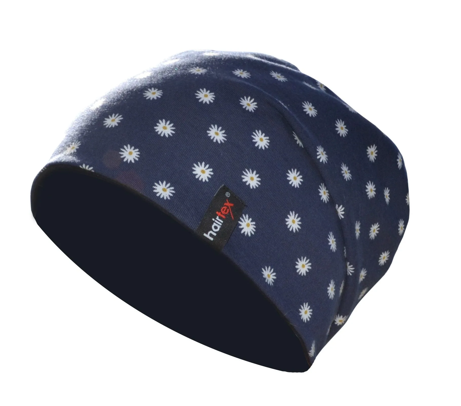 Blauer Hairtex Stall-Beanie mit Edelweiß-Muster, Produktansicht freigestellt