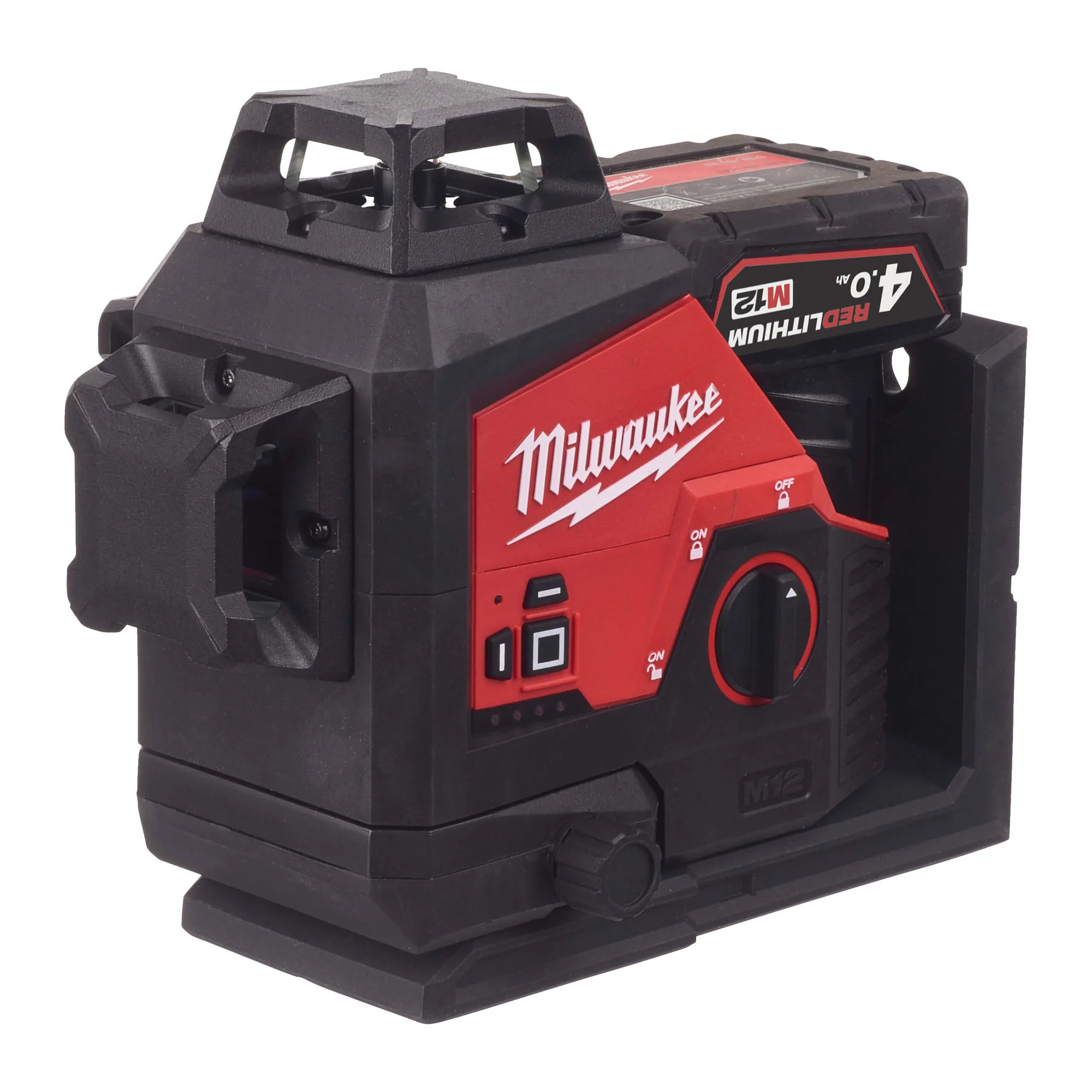 Milwaukee M12 Akku-Kreuzlinienlaser 3 x 360 Grad in Schwarz-Rot, Produktansicht