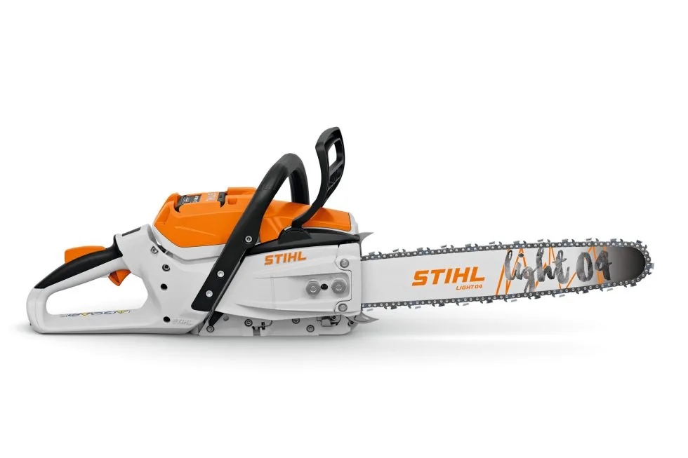 STIHL MSA 300 Akku-Kettensäge in Weiß-Orange, Seitenansicht