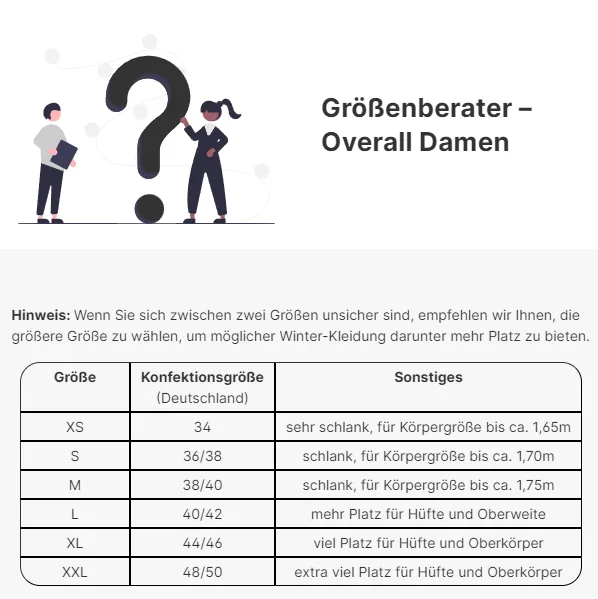Größenberater-Grafik für den Hairtex Damen-Overall mit Größentabelle XS bis XXL
