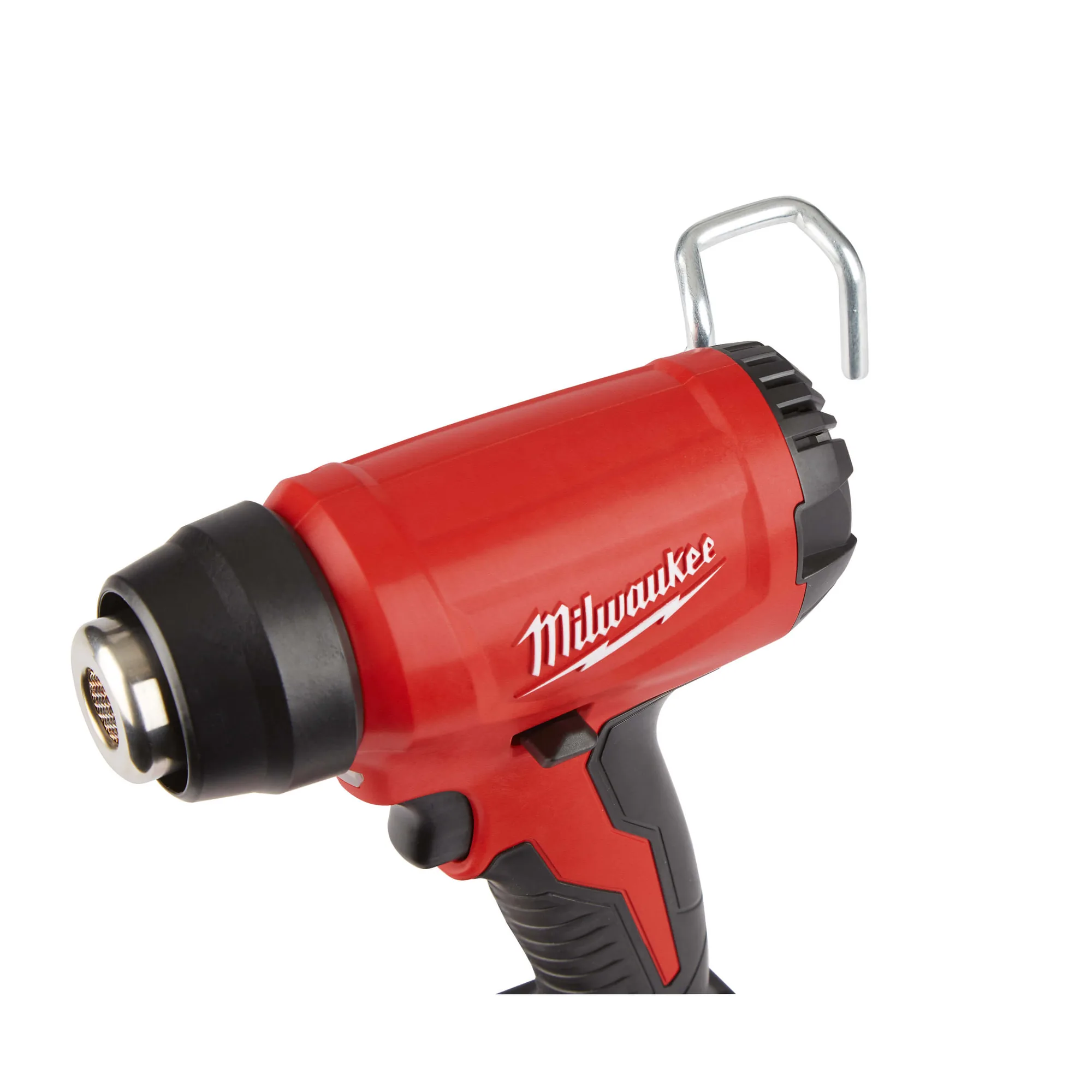 Detail von Düse und Aufhängebügel des Milwaukee M18 BHG Heißluftgebläses