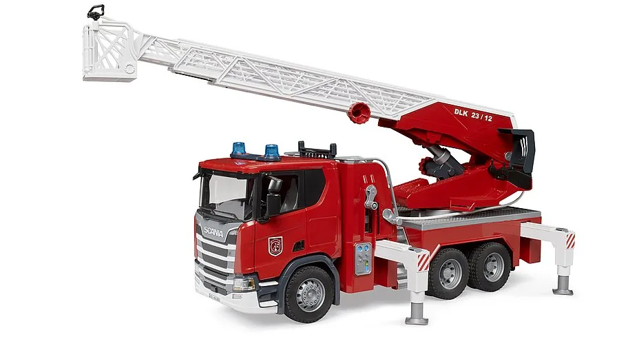 Scania Super 560R Spielzeug-Feuerwehr in Rot mit Drehleiter, Wasserpumpe und Light-&-Sound-Modul