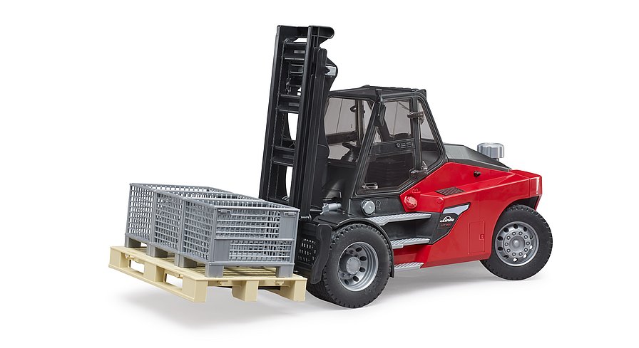 BRUDER 02513 Linde HT160D Gabelstapler mit Palette und 3 Gitterboxen – Robustes Spielzeug für realistische Logistikabenteuer