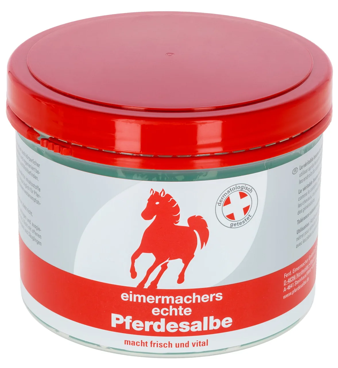 Eimermachers echte Pferdesalbe im Tiegel mit rotem Deckel, 500 ml