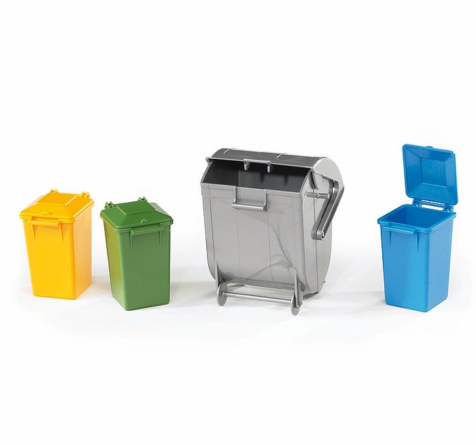 BRUDER Mülltonnen-Set – 4-teiliges Zubehör für realistische Müllabfuhr-Spielszenarien ab 3 Jahren
