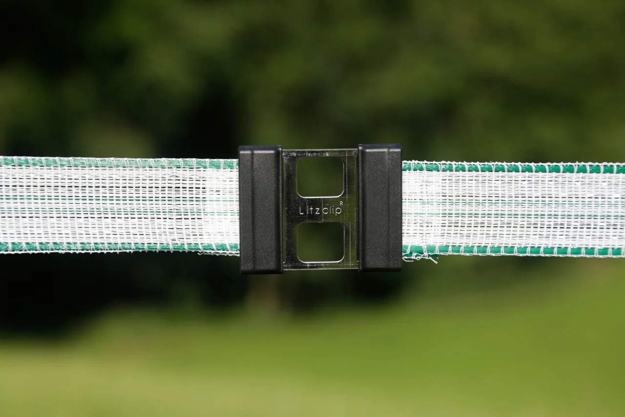 Weiß-grünes Zaunband mit schwarzem Litzclip-Bandverbinder am Zaun, grüner Hintergrund