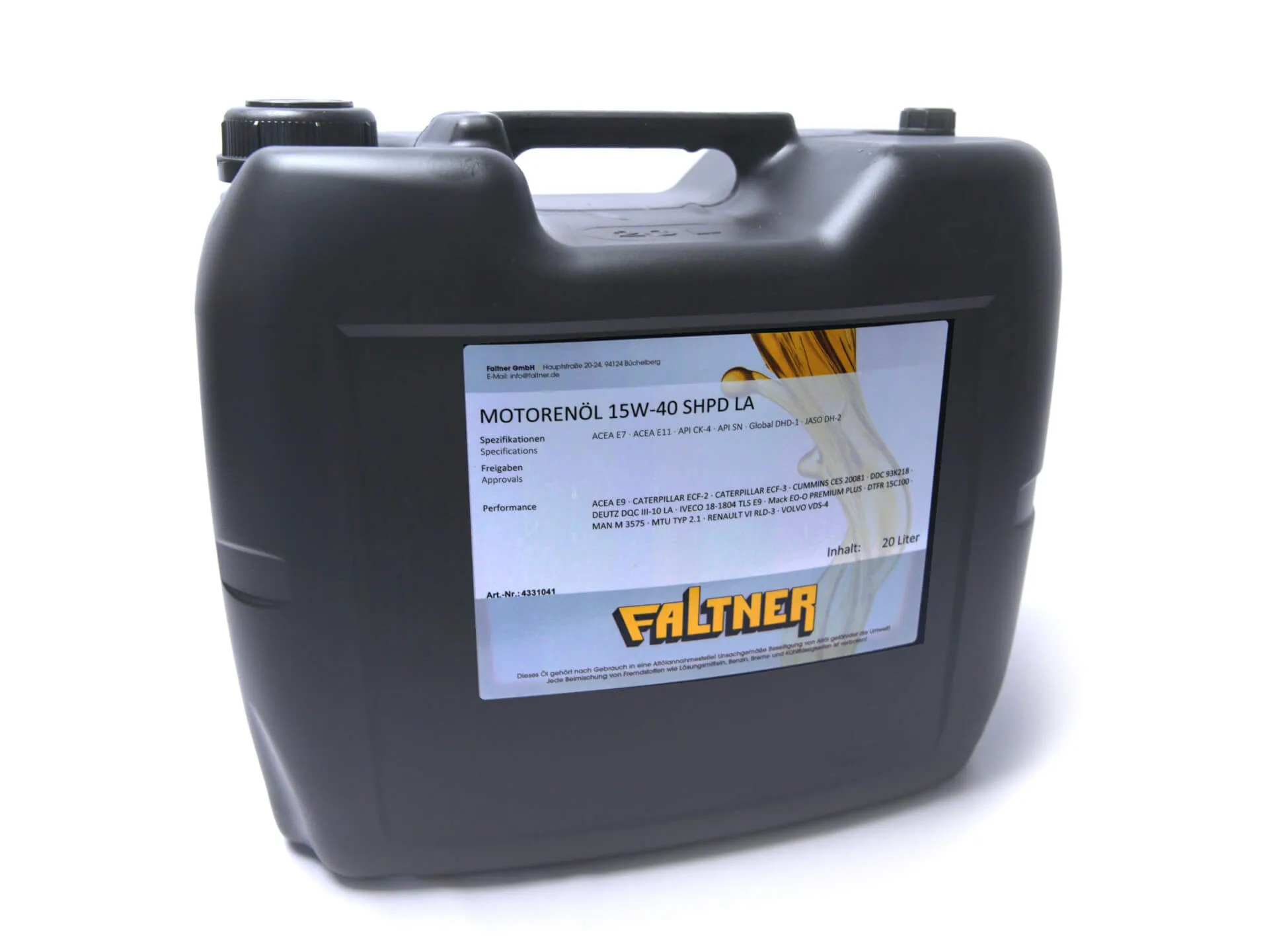 Faltner Motorenöl 15W-40 SHPD LA im schwarzen 20-Liter-Kanister mit Etikett