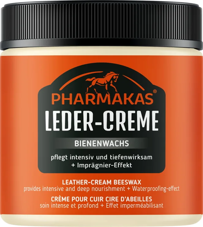 Pharmakas Leder-Creme mit Bienenwachs in der orangefarbenen Dose, 500 ml