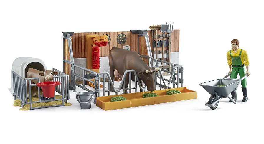 Bruder bworld Kuh- und Kälberstall mit Landwirt-Figur, brauner Kuh, Kalb und Stallzubehör, 1:16