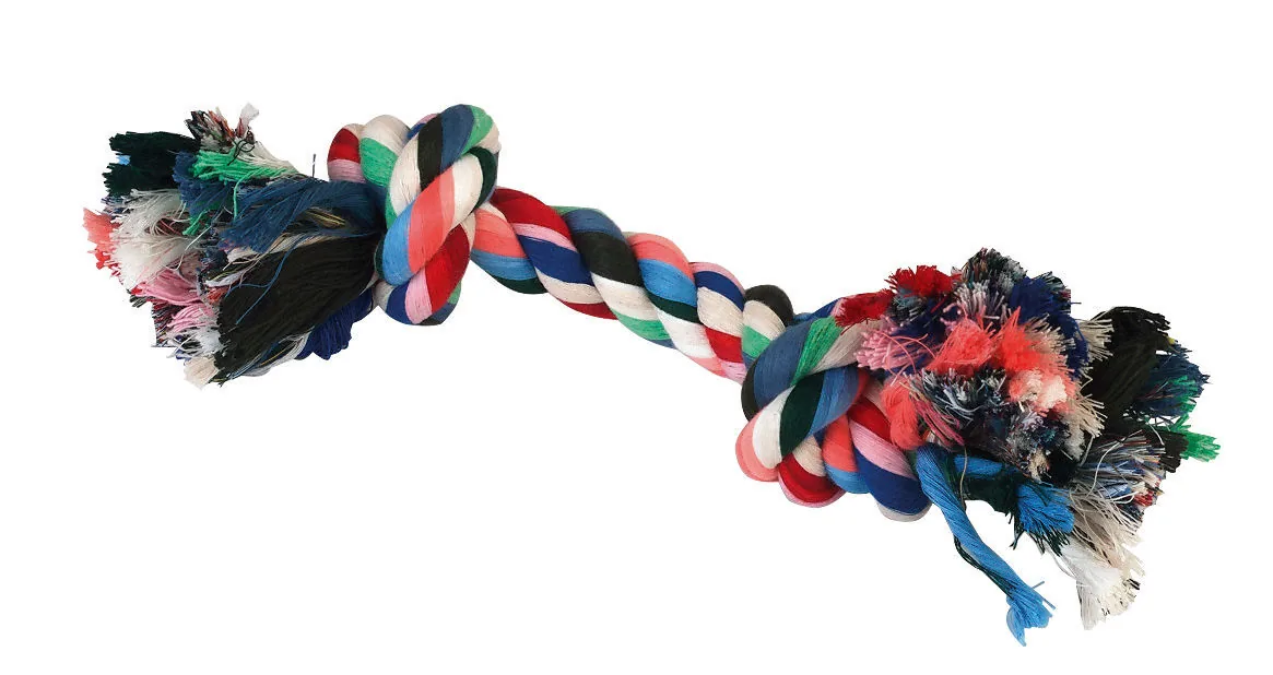Kerbl Zahnknoten aus bunter Baumwolle mit zwei Knoten, 26 cm, Hundespielzeug