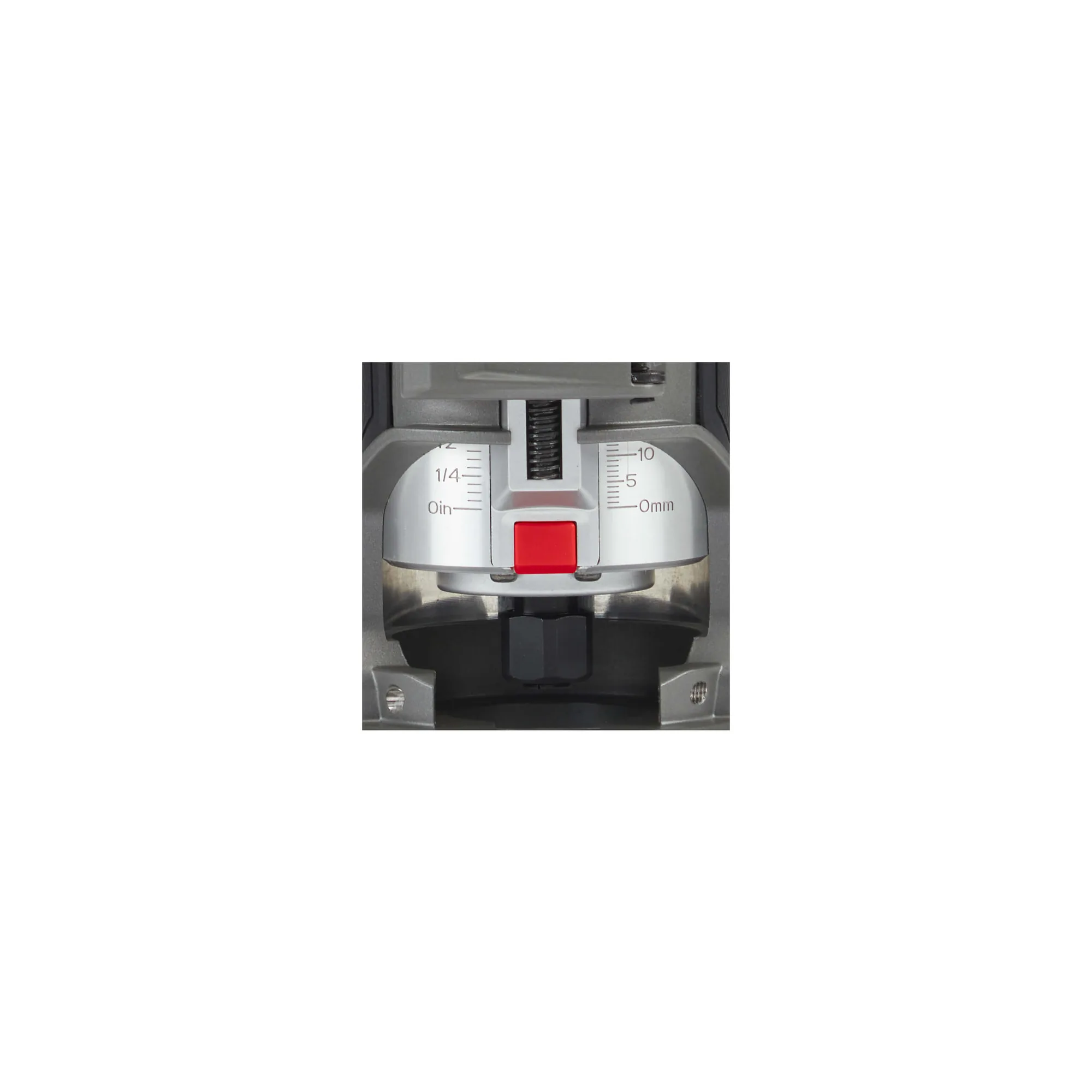 Detail der Tiefenskala an der Milwaukee M18 FTR8 Kantenfräse