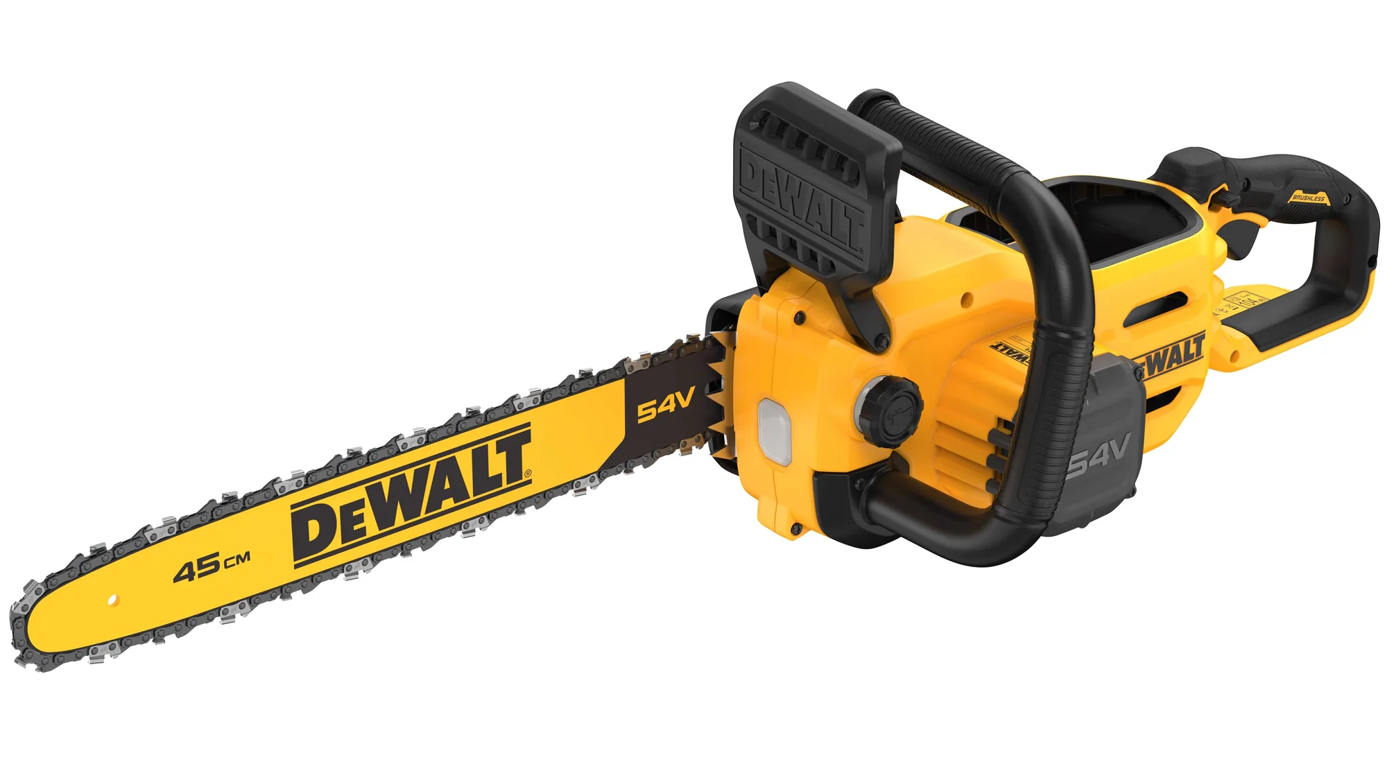 DeWalt DCMCS574N 54V FLEXVOLT Akku-Kettensäge mit 45-cm-Schwert, Schrägansicht freigestellt