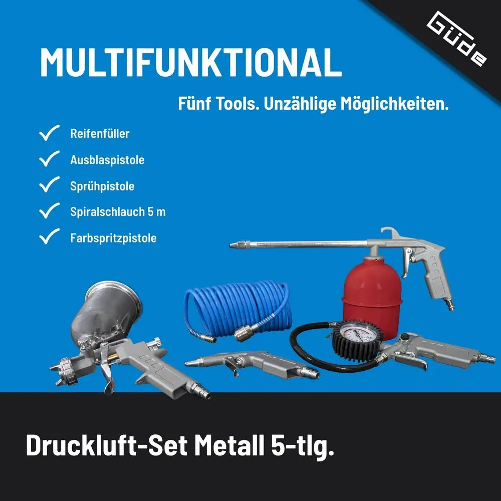 Güde Druckluft-Set Metall 5-teilig (84089), Set-Übersicht mit Reifenfüller und Pistolen, Infografik