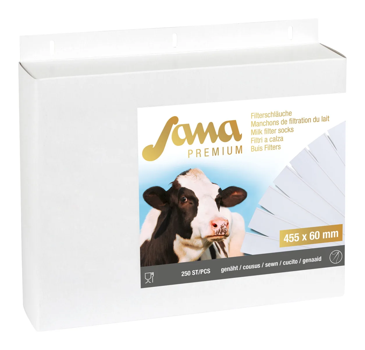 Produktkarton Sana Premium Milchfilter Socks 455 x 60 mm, freigestellt