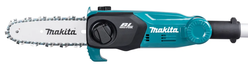 Sägekopf des Makita DUA200Z Hochentasters mit BL-Motor und Führungsschiene, Nahaufnahme