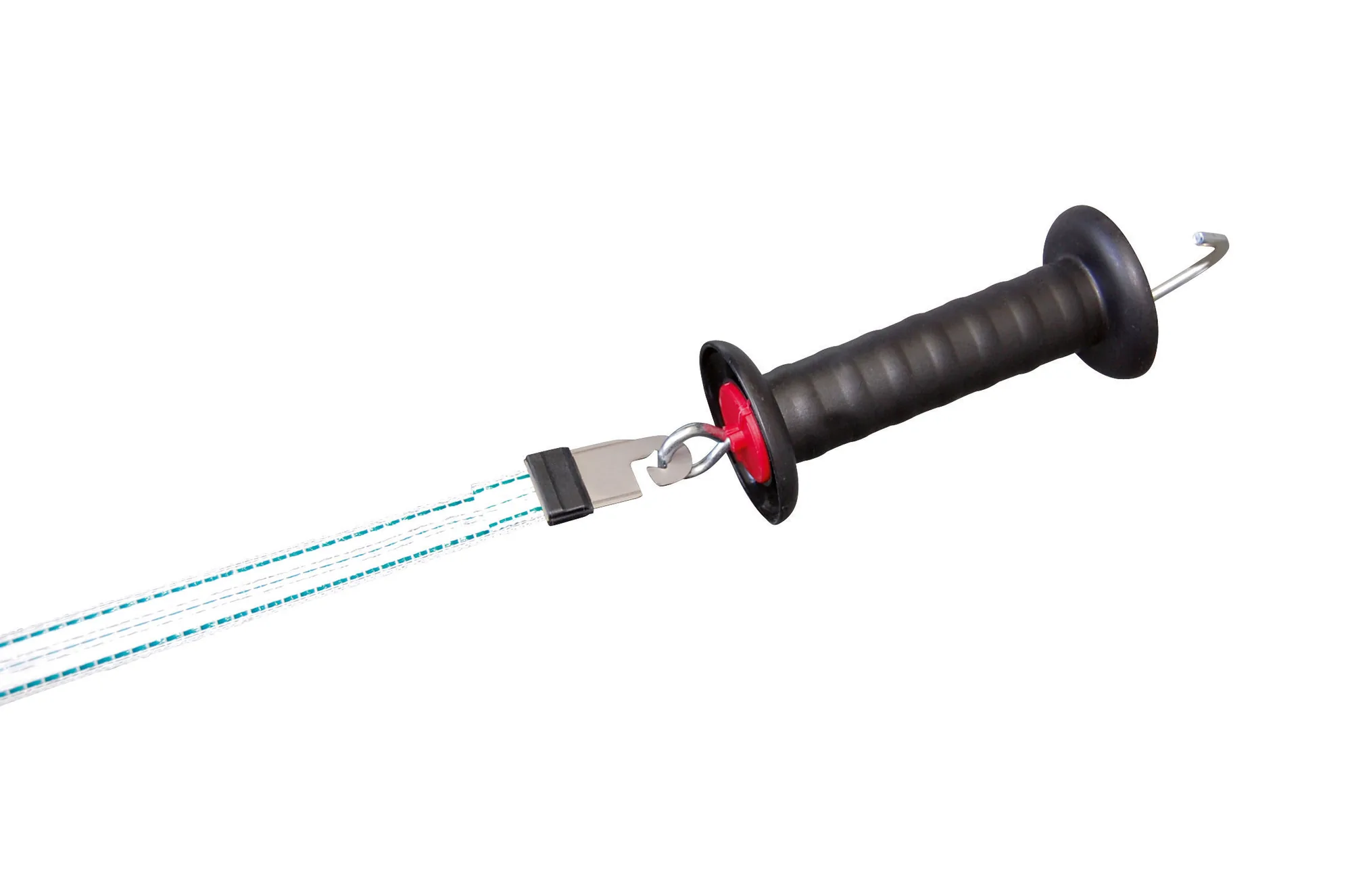 Verzinkter Kerbl Torgriff mit Litzclip und roter Federscheibe an weiß-türkiser Litze