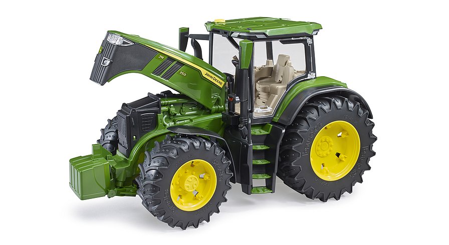 Blick unter die Haube: Geöffnete Motorhaube des John Deere 7R Spielzeug-Traktors