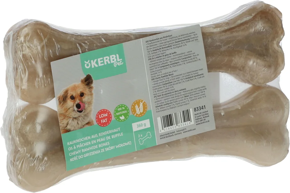 Kerbl Rinderhaut-Kauknochen 22 cm in der Verpackung, Hundesnack