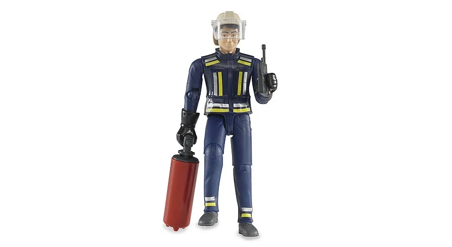 Bruder Feuerwehrmann-Figur in dunkelblauer Uniform mit Helm, Feuerlöscher und Funkgerät, 1:16