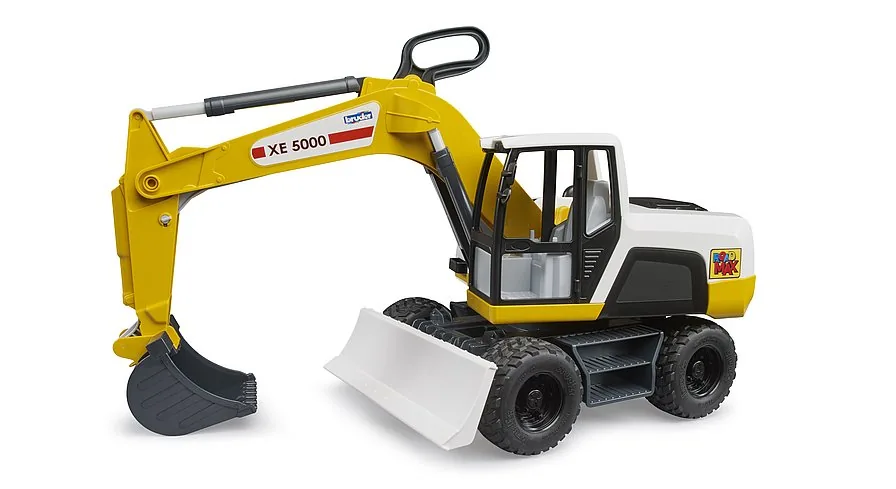 Bruder XE 5000 Mobilbagger in Gelb-Weiß auf Rädern mit Tieflöffel, Baustellenfahrzeug 1:16