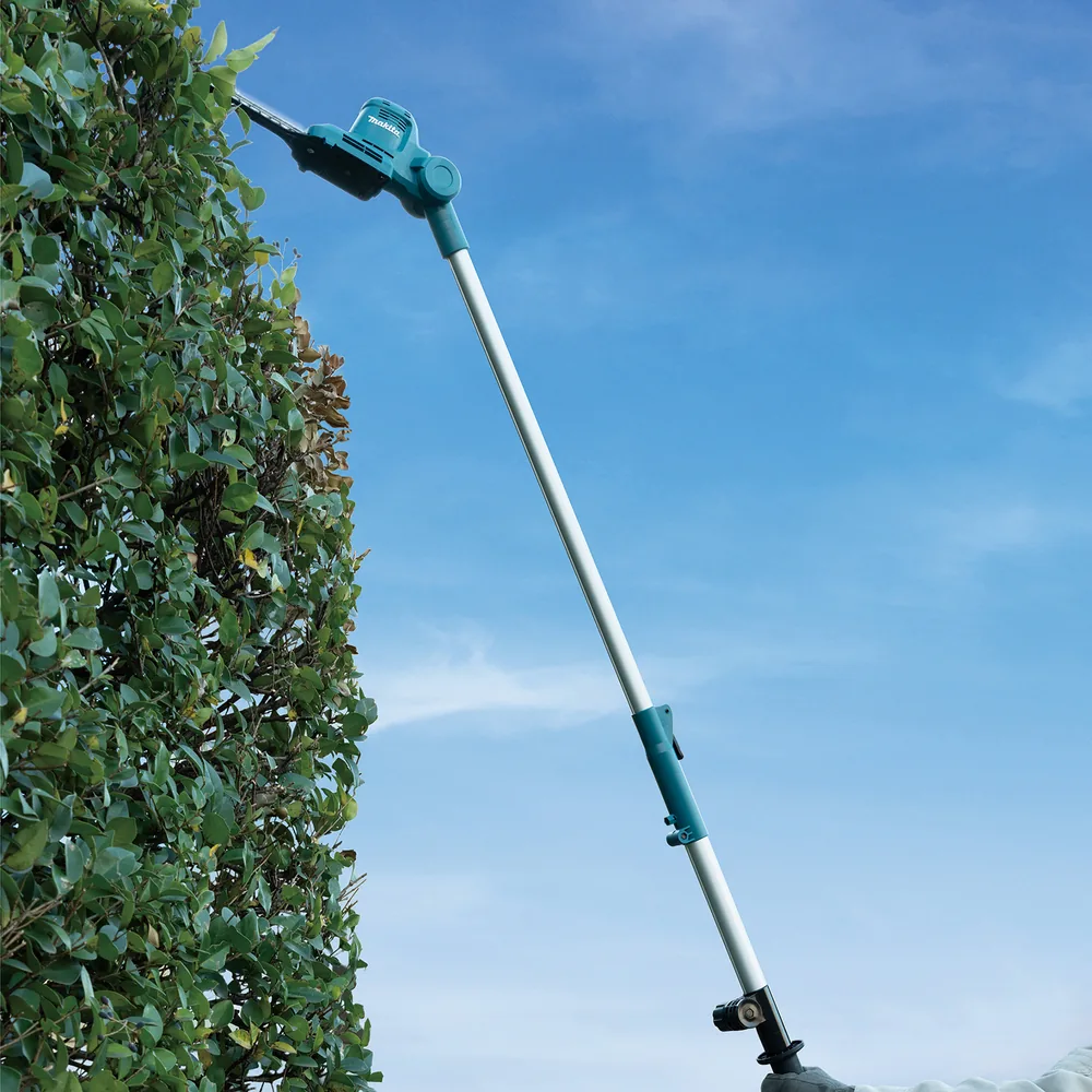 Mann schneidet eine hohe Hecke mit dem Makita Akku-Teleskop-Heckenschneider